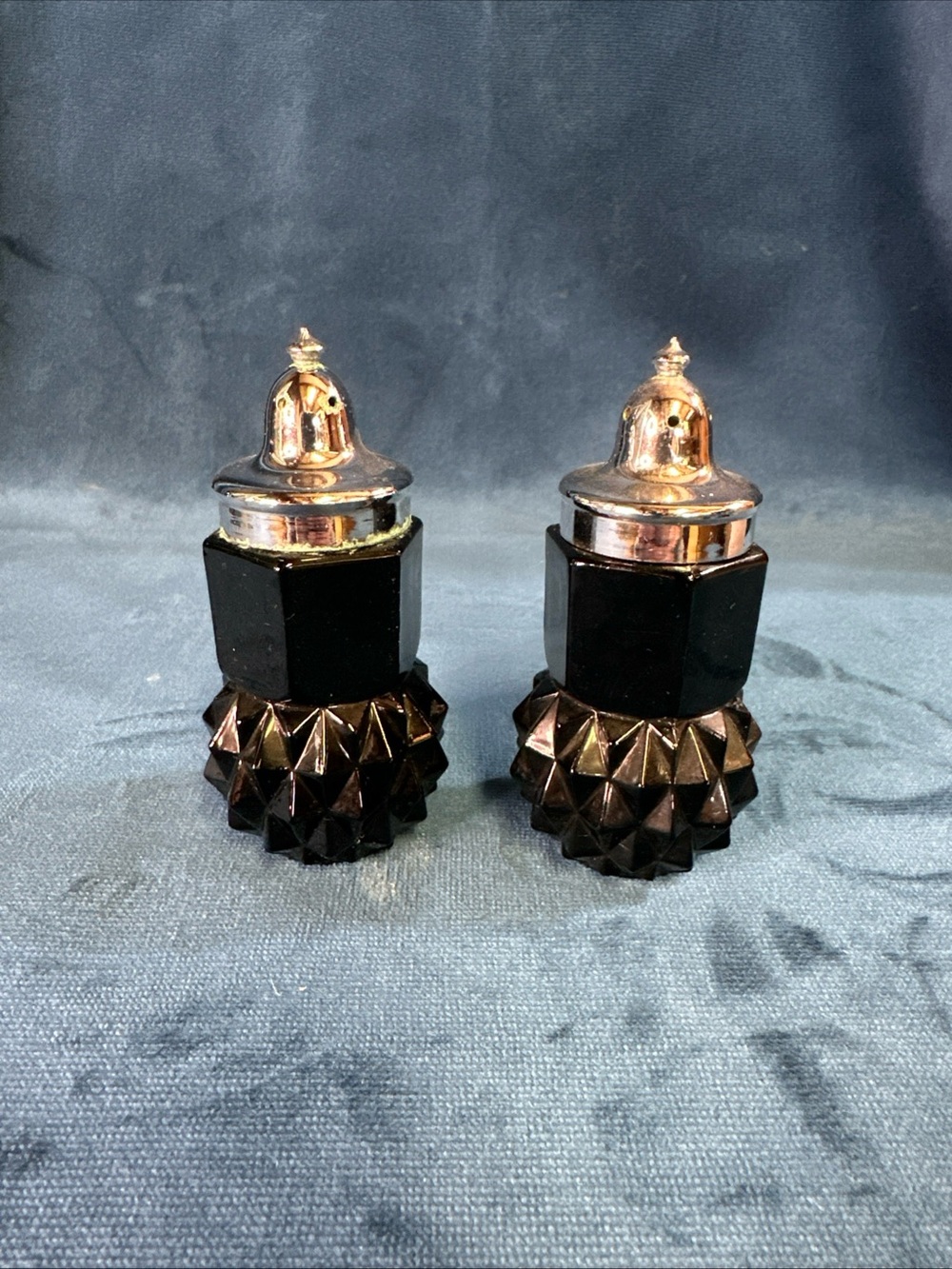 Vintage Salt & Pepper Shakers Black Tiara Indiana Glass DIAMOND Point